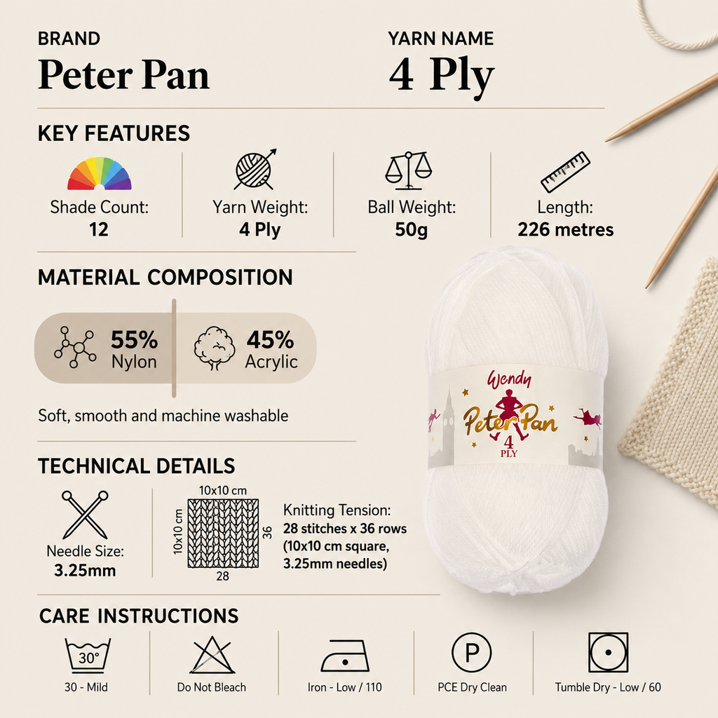 Peter Pan 4 Ply Crochet Yarn - 50g, Nylon & Acrylic Blend Lightweight Knitting Wool for Sensitive Skin Baby Garments, Blankets, Cardigans & Shawls