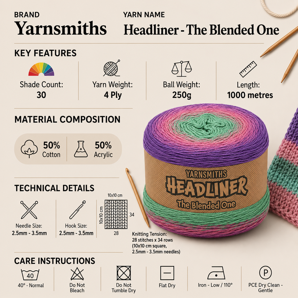 Yarnsmiths Headliner The Blended One 4 Ply Yarn - 250g, Luxury Cotton Acrylic Blend Twisted Gradient Crochet & Knitting Yarn for Baby Blankets & Summer Garments