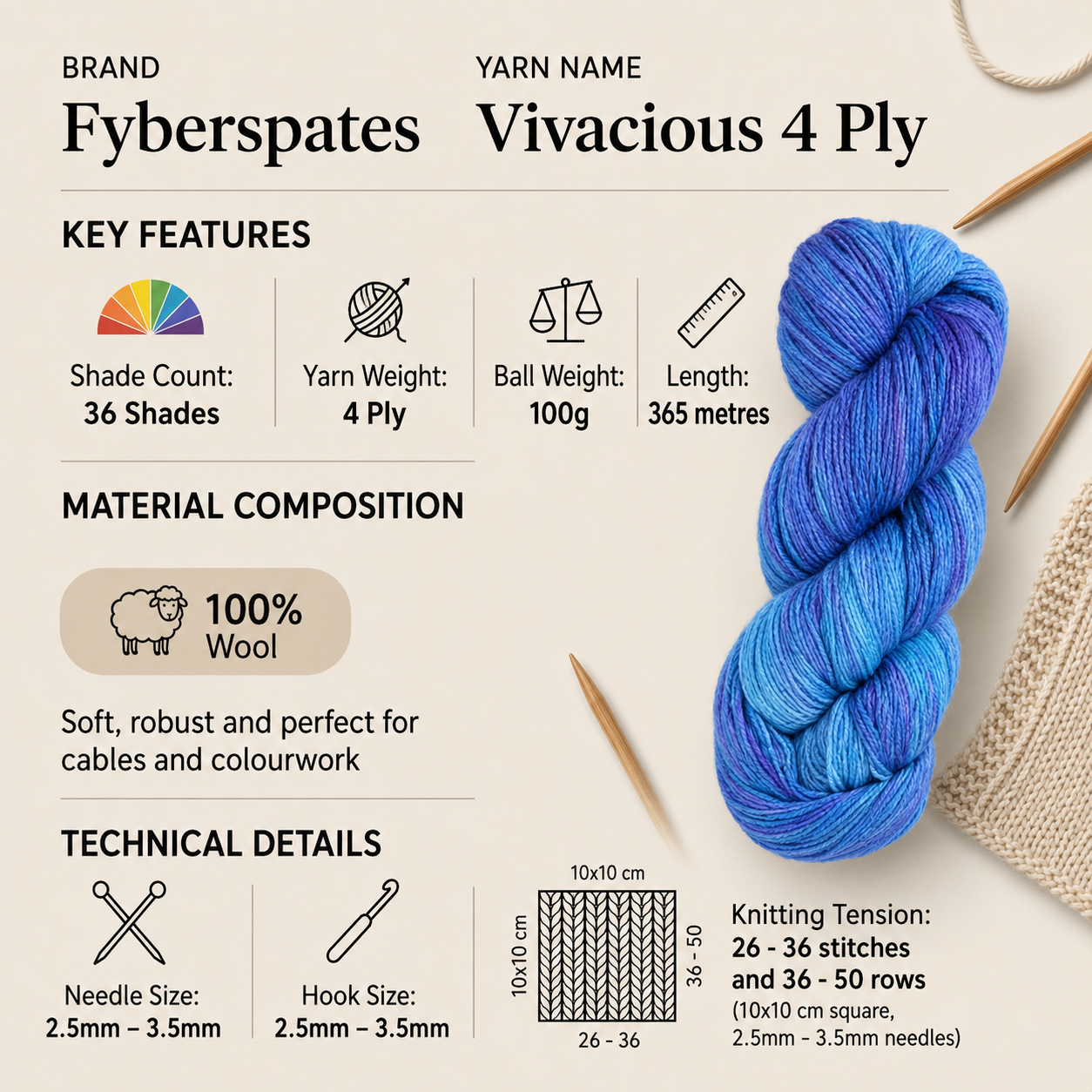Fyberspates Vivacious 4 Ply Crochet Yarn - 100g, Luxury Merino Wool Hand-Dyed Soft Cable Knitting Wool Hank for Socks, Garments, Colourwork & Accessories