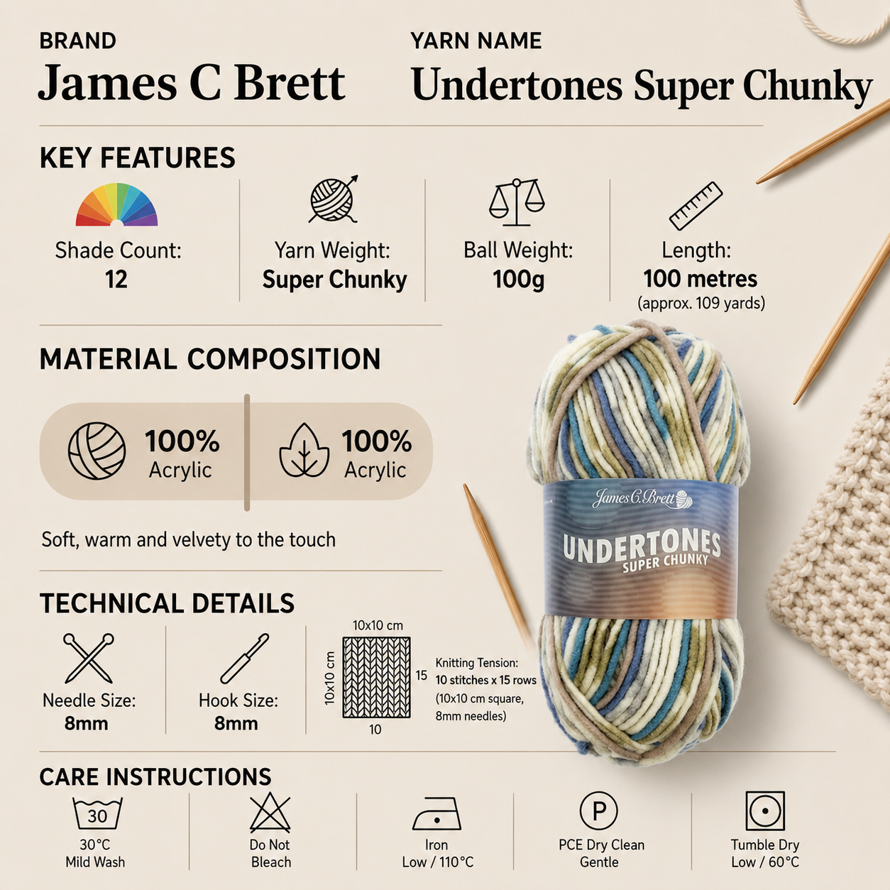 James C Brett Undertones Super Chunky Yarn - 100g, 100% Acrylic Warm Velvety Touch Yarn for Knitting & Crochet - Cosy Hats, Scarves, Blankets & Colourwork