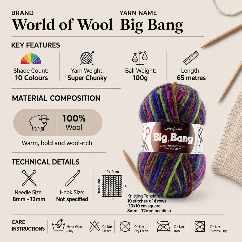 World of Wool Big Bang Super Chunky Yarn - 100g, Luxury 100% Natural Wool Space Dyed Multicoloured Thick Felting Knitting Crochet Yarn for Scarves, Bags & Hats