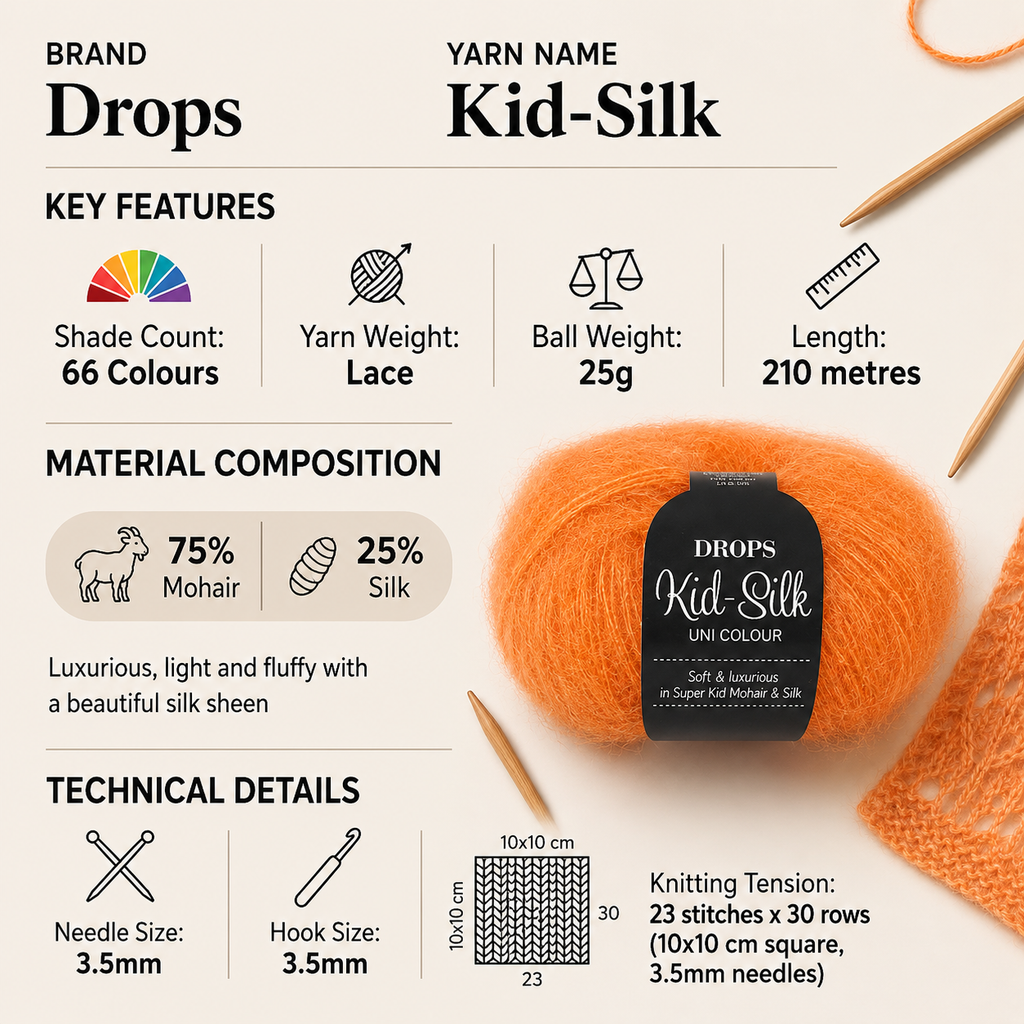 Drops Kid Silk Lace Crochet Yarn - 25g, Luxury Mohair & Silk Blend Soft Lightweight Knitting Wool for Shawls, Feminine Tops & Accessories