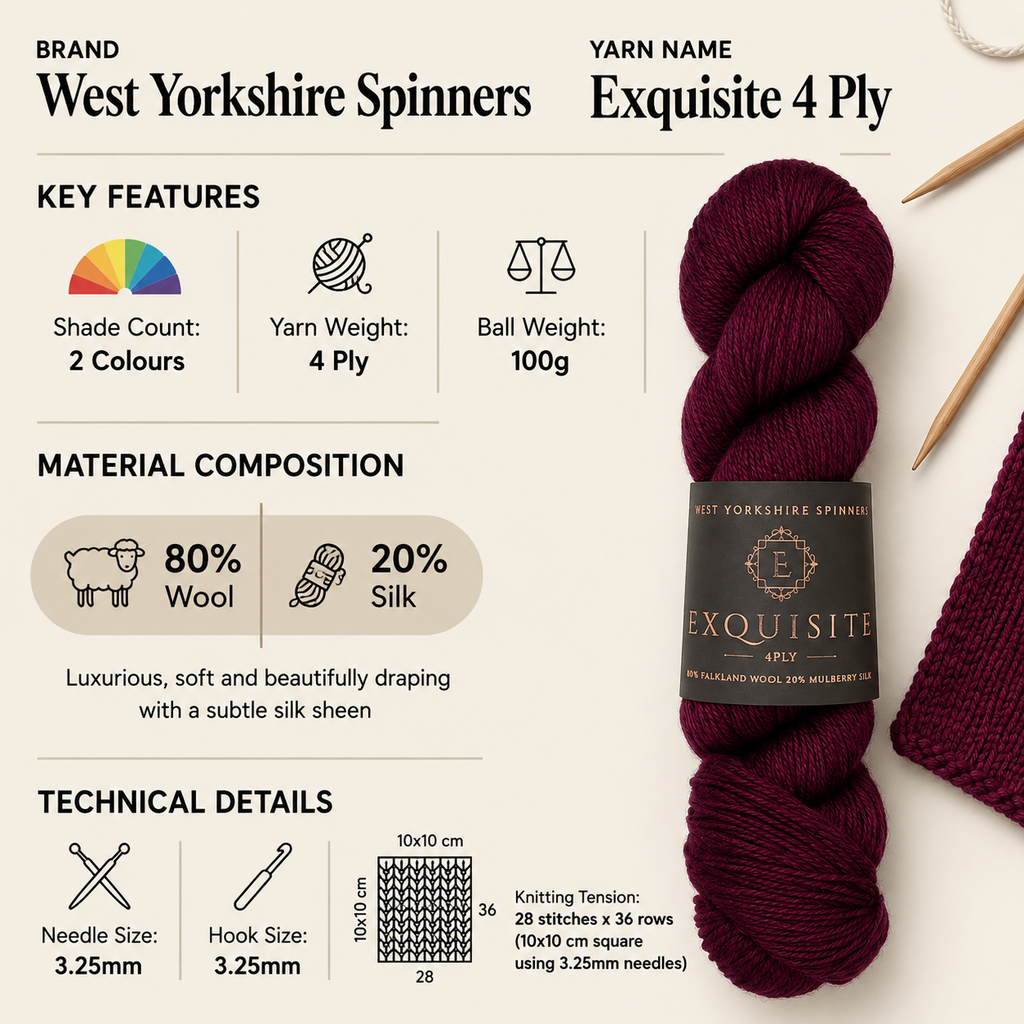 West Yorkshire Spinners Exquisite 4 Ply Yarn - 100g, Luxury Wool & Mulberry Silk Blend Fingering Weight Soft Crochet Knitting Wool Yarn for Sweaters, Jumpers & Cardigans