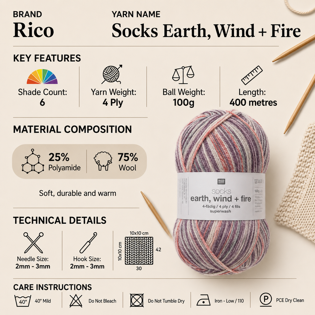 Rico Socks Earth Wind And Fire 4 Ply Yarn - 100G, Polyamide Wool Mix Self Patterning Soft Crochet Yarn Sock Knitting Wool for Luxury Socks, Sweaters & Beanies