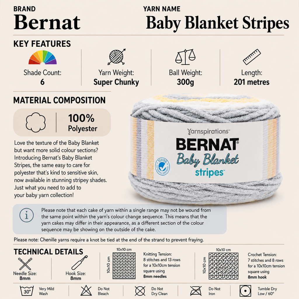Bernat Baby Blanket Stripes Super Chunky Yarn - 300G, 100% Polyester Self Striping Chenille Thick Jumbo Knitting Baby Wool for Crochet Baby Blanket & Garments