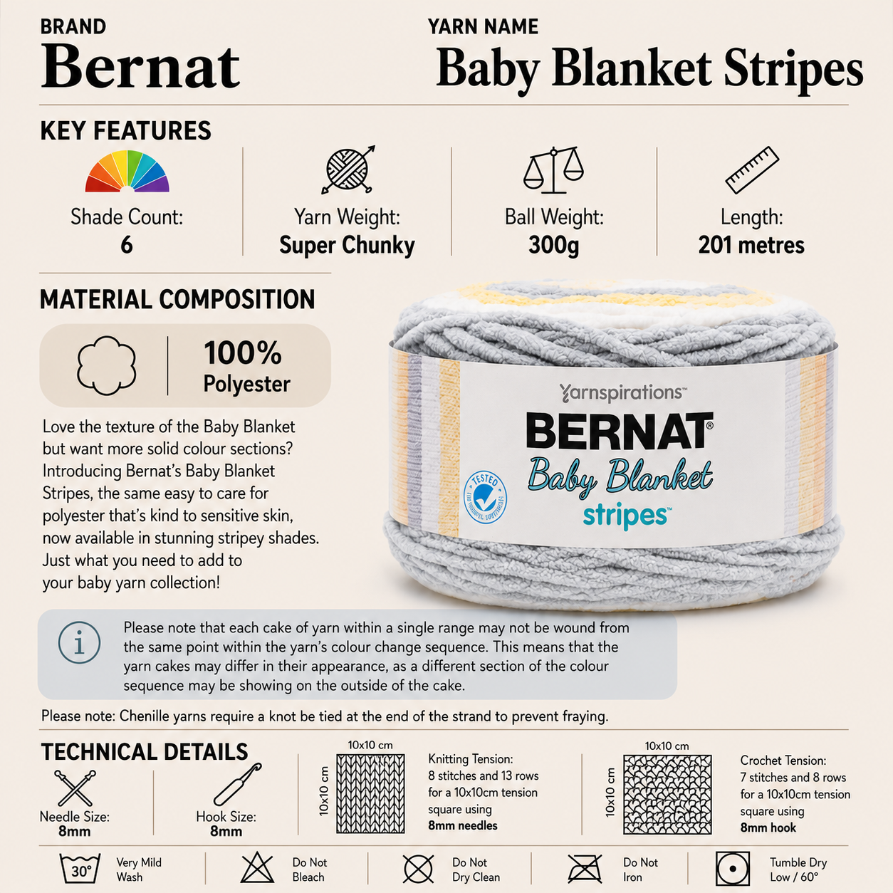 Bernat Baby Blanket Stripes Super Chunky Yarn - 300G, 100% Polyester Self Striping Chenille Thick Jumbo Knitting Baby Wool for Crochet Baby Blanket & Garments