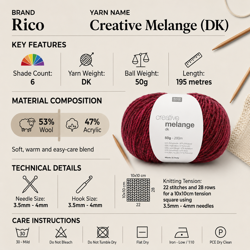 Rico Creative Melange DK Yarn for Crochet - 50G, Luxury Virgin Wool Acrylic Blend Gradient Single Ply Variegated Double Knit Wool for Sweaters, Jumpers & Headwear