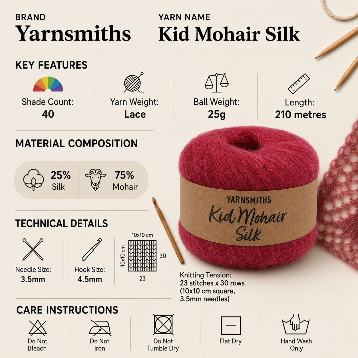 Yarnsmiths Kid Mohair Silk Lace Yarn - 25g, Luxury Mohair Silk Blend Halo Effect Soft Lightweight Crochet & Knitting Wool for Lace Shawls and Garments