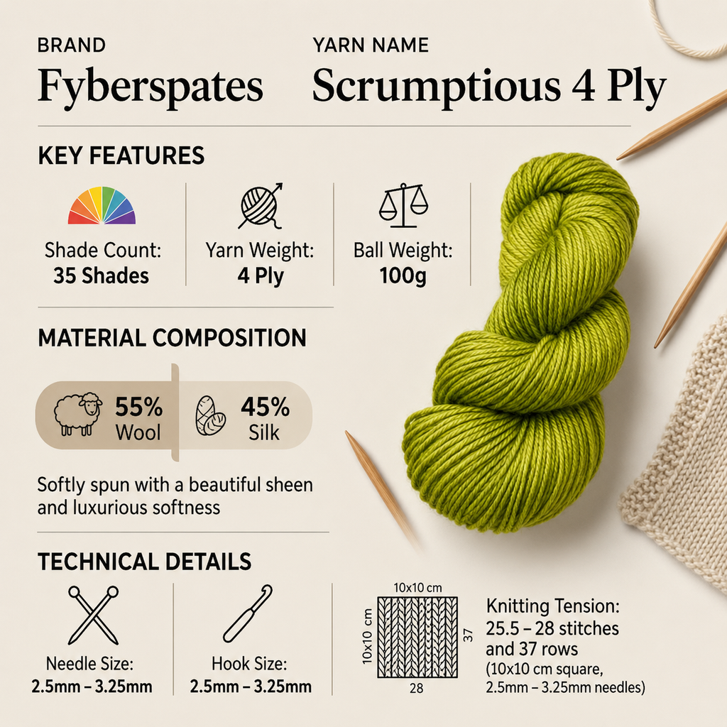 Fyberspates Scrumptious 4 Ply Crochet Yarn - 100g, Luxury Merino Wool & Silk Blend Soft Lightweight Knitting Wool Hank for Shawls, Socks, Garments & Accessories