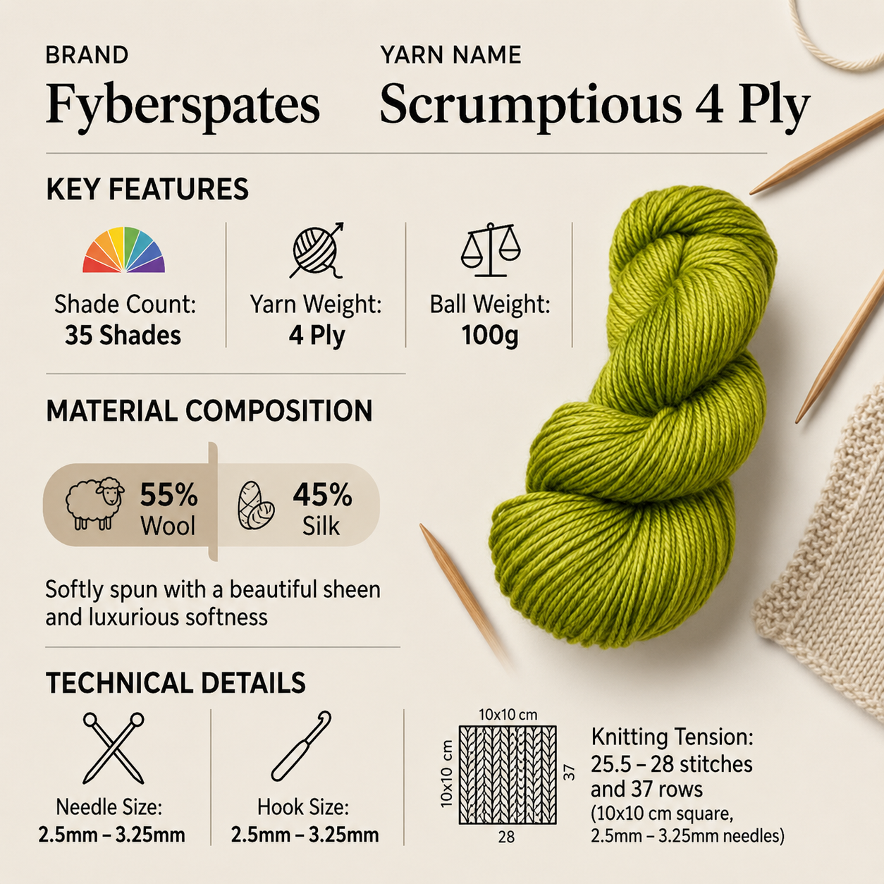 Fyberspates Scrumptious 4 Ply Crochet Yarn - 100g, Luxury Merino Wool & Silk Blend Soft Lightweight Knitting Wool Hank for Shawls, Socks, Garments & Accessories