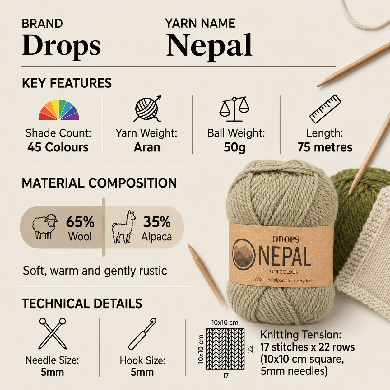 Drops Nepal Aran Yarn for Crochet - 50g, Luxury Wool & Alpaca Blend Rustic Texture Soft Knitting Wool for Felted Sweaters, Accessories & Home Décor