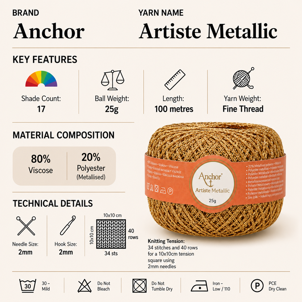 Anchor Artiste Metallic Thread Yarn- 25g, Glitter Viscose Polyester Blend Fine Shimmer Yarn for Crochet & Knitting Christmas Crafts, Party Projects & Festive Decorations