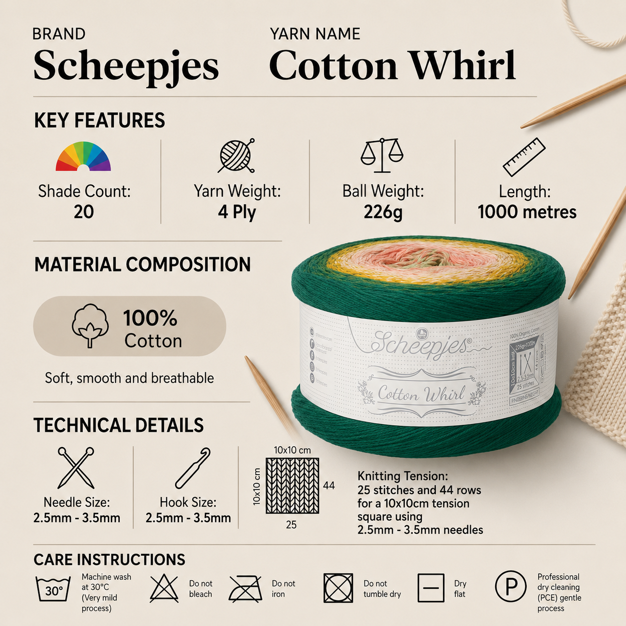 Scheepjes Cotton Whirl 4 Ply Yarn Cake - 226g, 100% Organic Cotton Gradient Colored Knitting Wool for Crochet Shawls, Summer Tops & Blankets