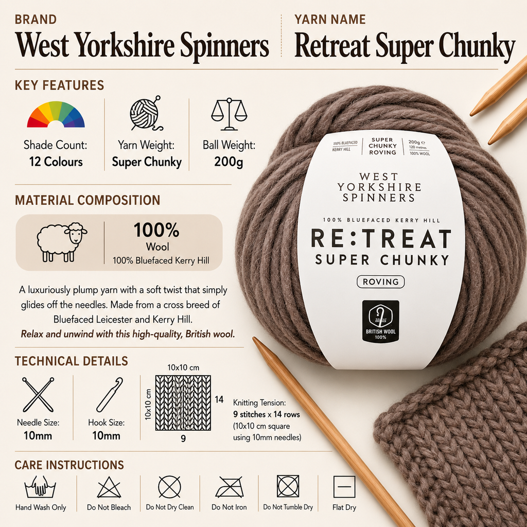West Yorkshire Spinners Retreat Super Chunky Yarn - 200g, Luxury 100% British Wool Bulky Weight Single Ply Roving Crochet Knitting Yarn for Blankets, Jumpers & Cardigans