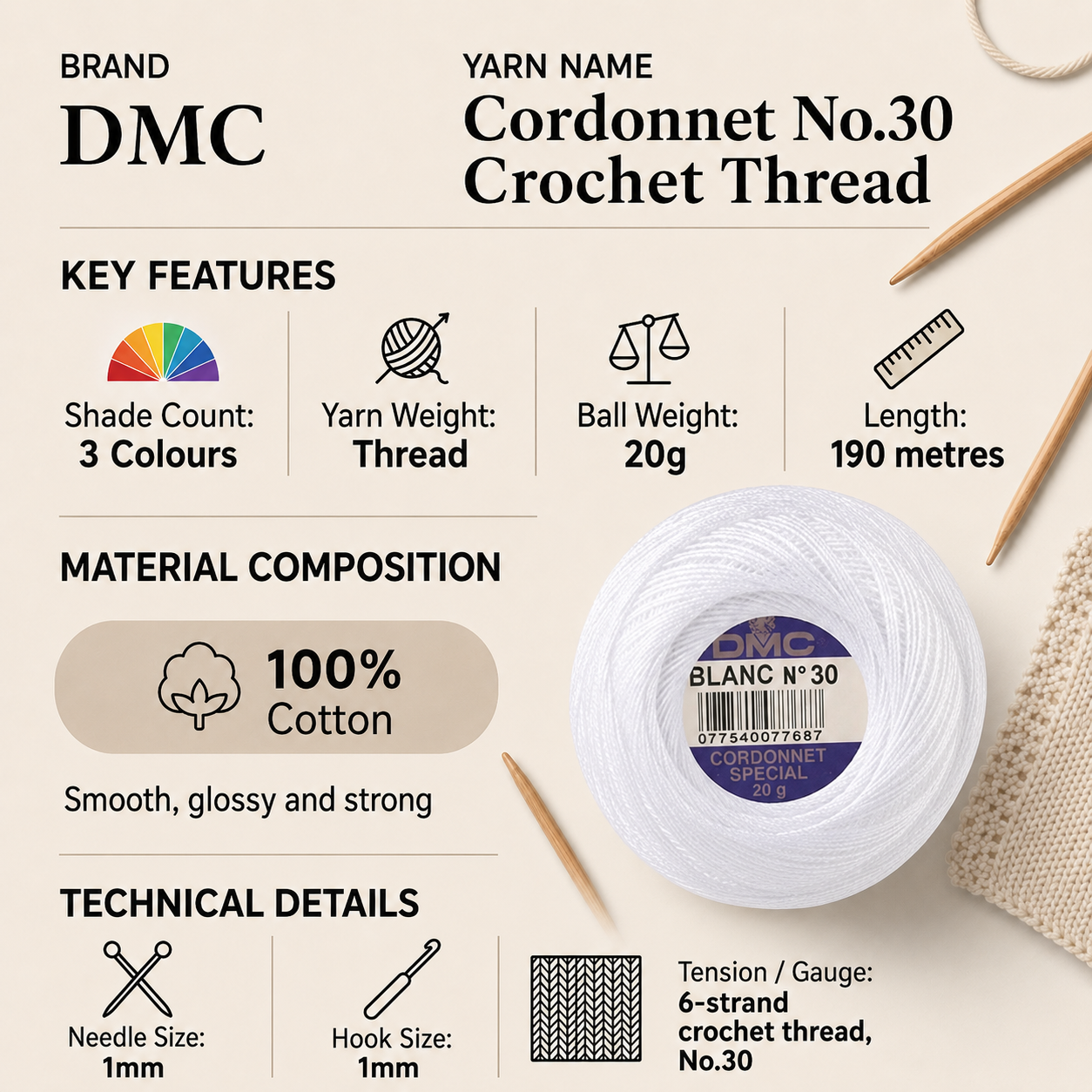 DMC Cordonnet No.30 Crochet Thread Yarn - 20g, 100% Double Mercerised Cotton, 6-Ply High-Gloss Strong Knitting Thread for Lacework, Doilies & Crafts