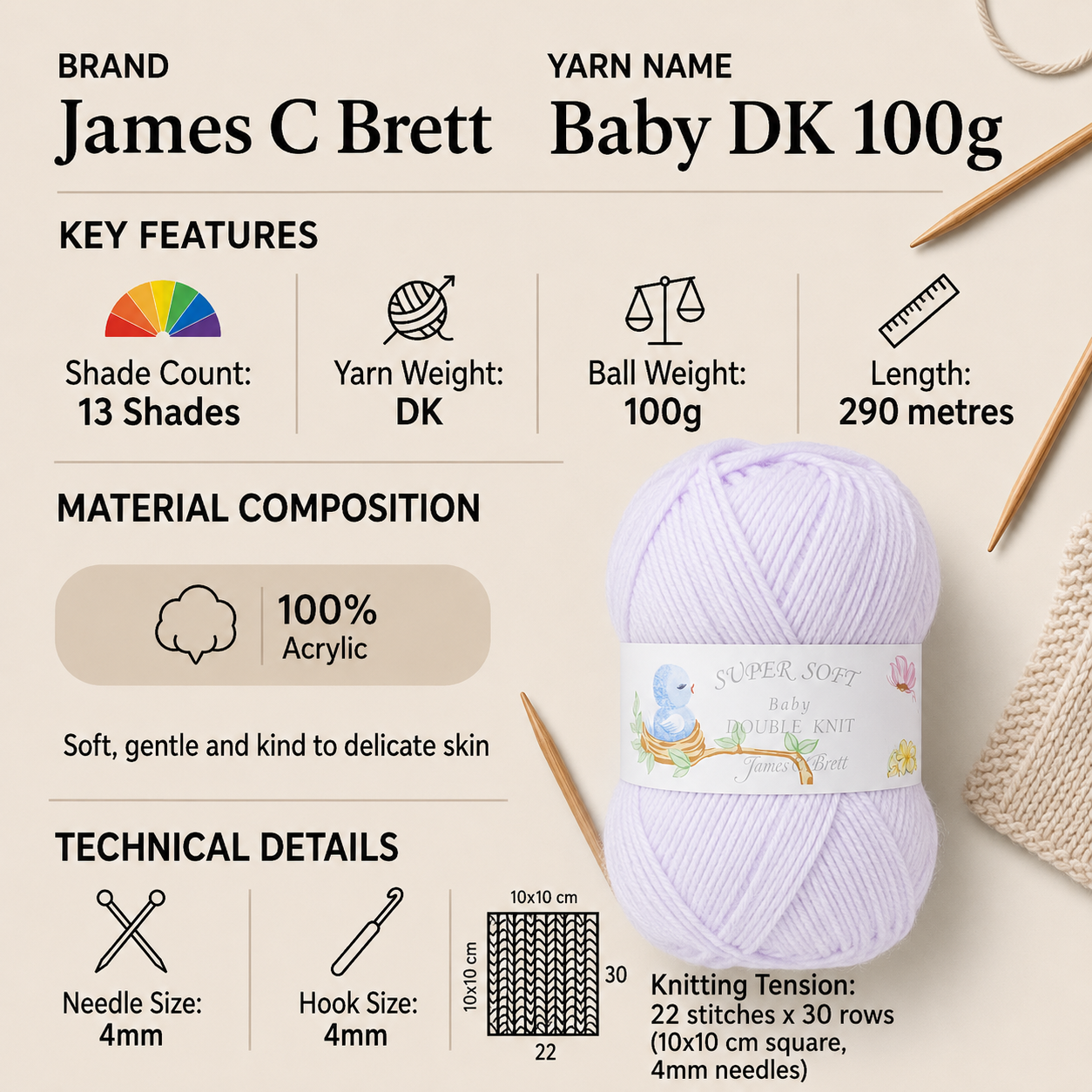 James C Brett DK Baby Yarn for Crochet - 100g, Soft 100% Acrylic Skin Friendly Pastle Double Knitting Baby Wool for Cloths & Accessories