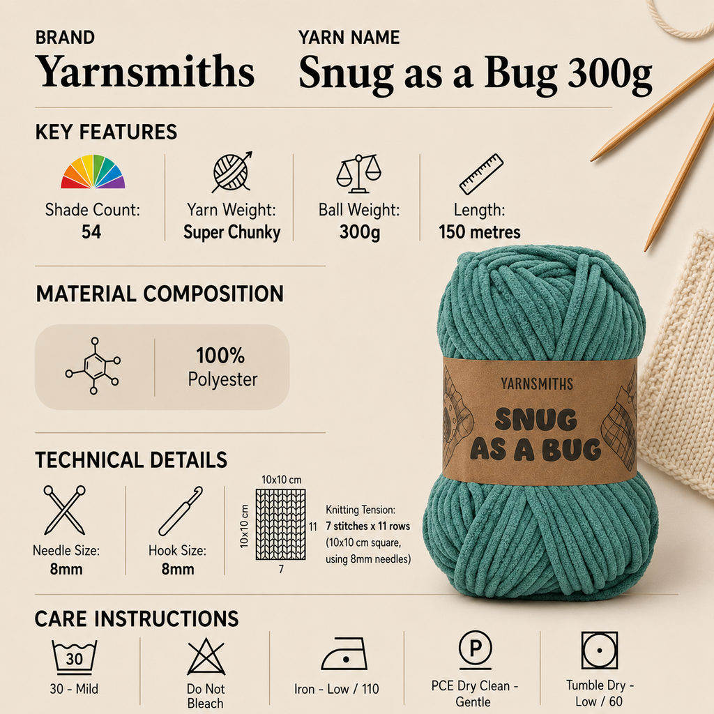 Yarnsmiths Snug as a Bug Super Chunky Yarn - 300g, 100% Polyester Chenille Soft Jumbo Knitting Crochet Yarn for Plush Blanket, Amigurumi & Cardigans