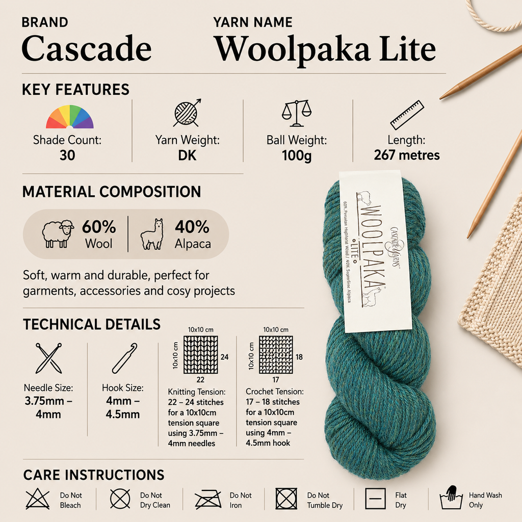 Cascade Woolpaka Lite DK Crochet Yarn - 100g, Luxury Peruvian Wool & Superfine Alpaca Blend Lightweight Double Knitting Wool for Garments & Accessories