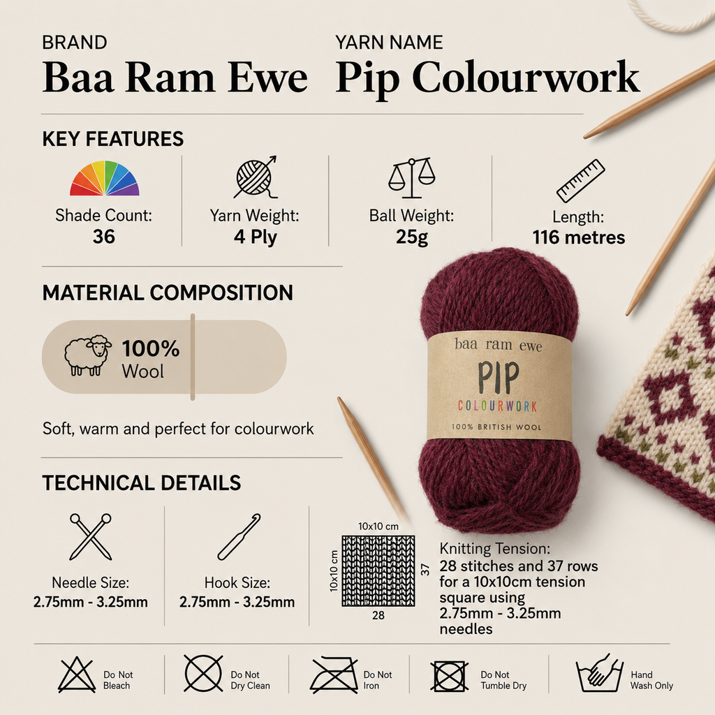 Baa Ram Ewe Pip Colourwork 4 Ply Yarn - 25g, 100% Wool Colourwork Worsted Fair Isle Crochet Knitting Wool Yarn for Garments Hats & Mittens