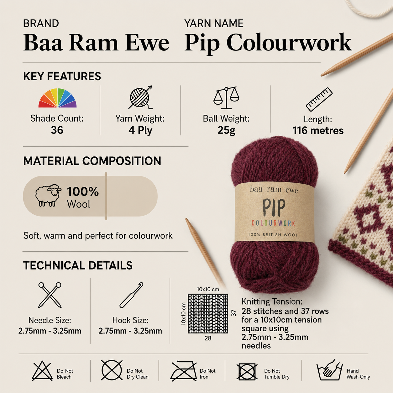 Baa Ram Ewe Pip Colourwork 4 Ply Yarn - 25g, 100% Wool Colourwork Worsted Fair Isle Crochet Knitting Wool Yarn for Garments Hats & Mittens