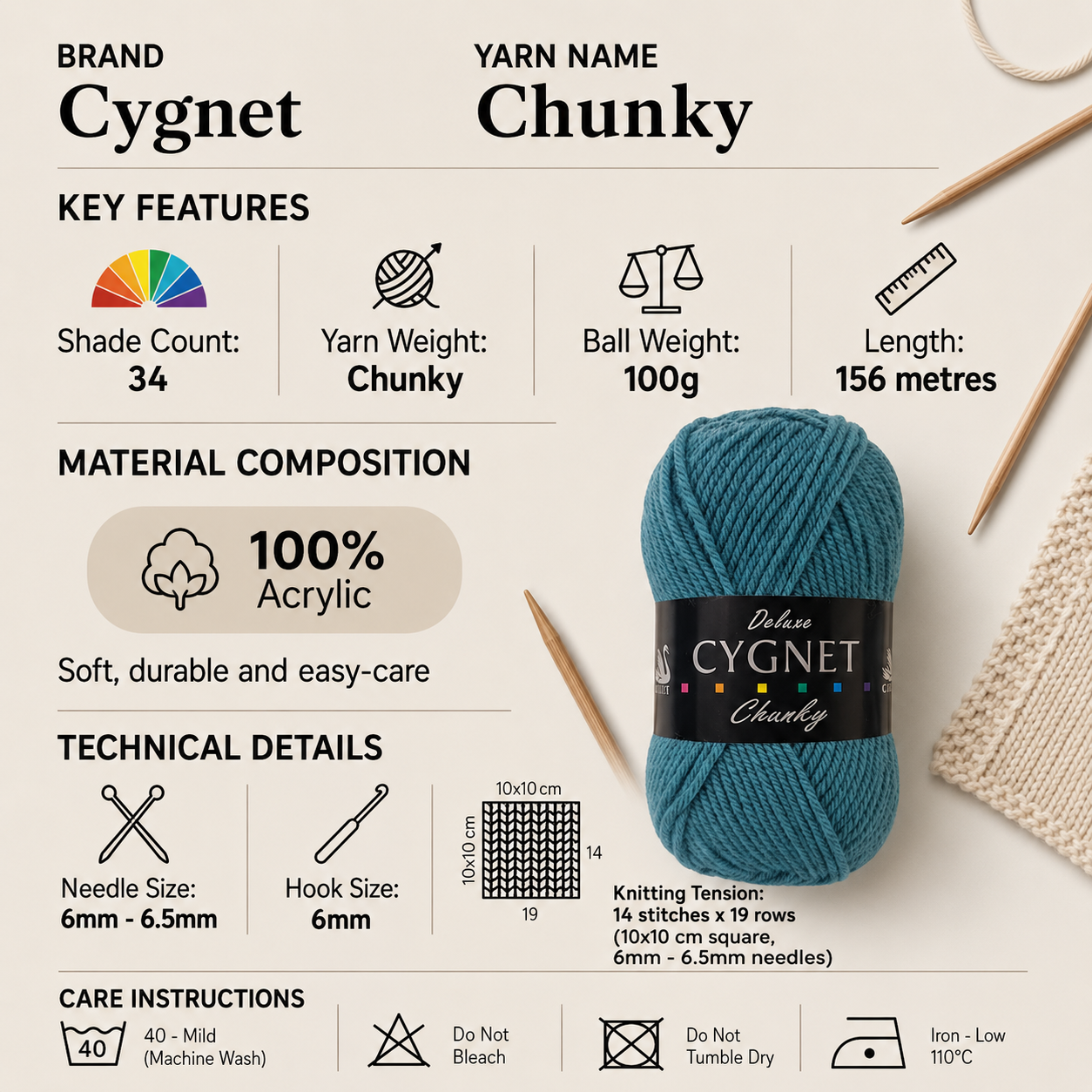 Cygnet Chunky Crochet Yarn - 100g, 100% Acrylic Versatile Signature Range Knitting Yarn for Jumpers, Sweaters, Hats & Scarves