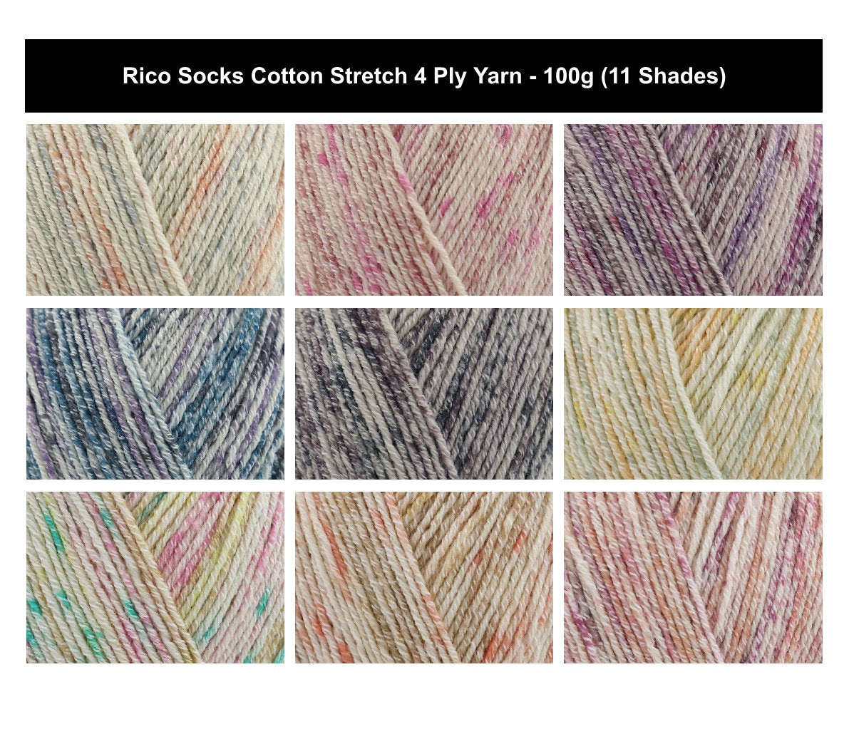 Rico Socks Cotton Stretch 4 Ply Yarn - 100G, Cotton Wool Blend Variegated Self Striping Soft Crochet Yarn Sock Knitting Wool for Luxury Socks, Shawls & Beanies