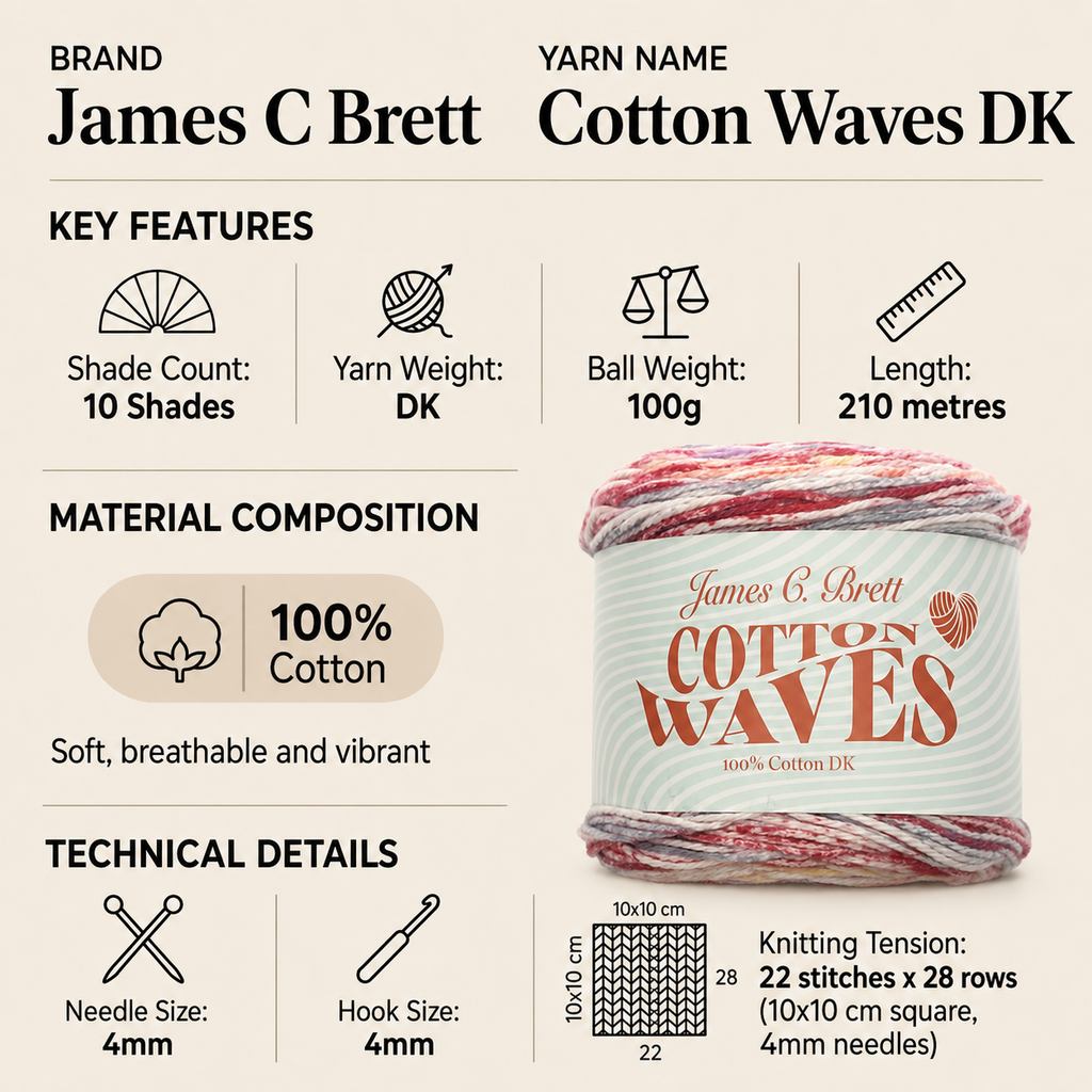 James C Brett Cotton Waves DK Cake Yarn - 100g, 100% Cotton Crochet Double Knitting Yarn for Summer Garments & Accessories Projects