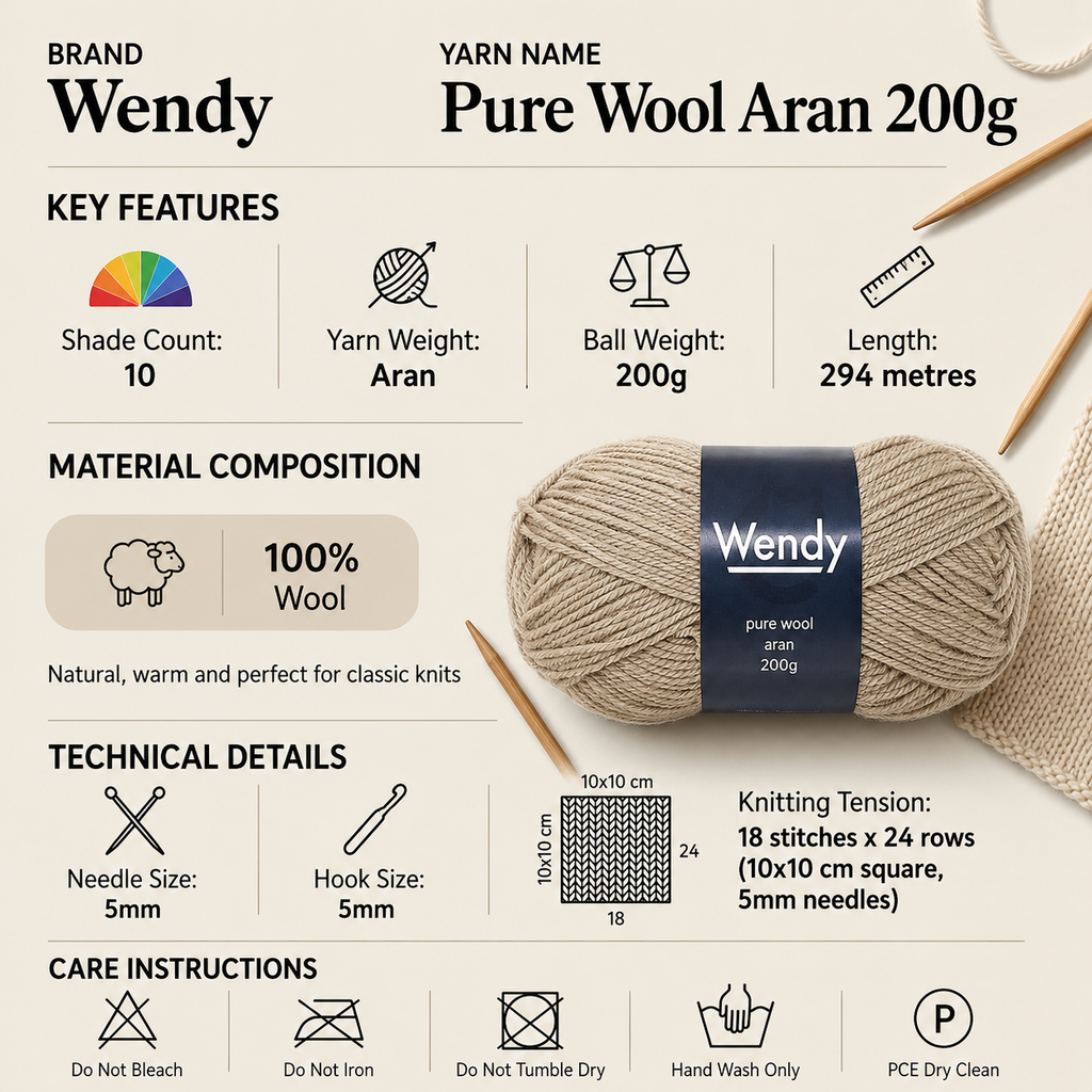 Wendy Pure Wool Aran Crochet Yarn - 200g, Luxury 100% Pure Wool Worsted Weight Rustic Texture Hand Knitting Wool Hand wash only for Cardigans, Jumpers & Hats