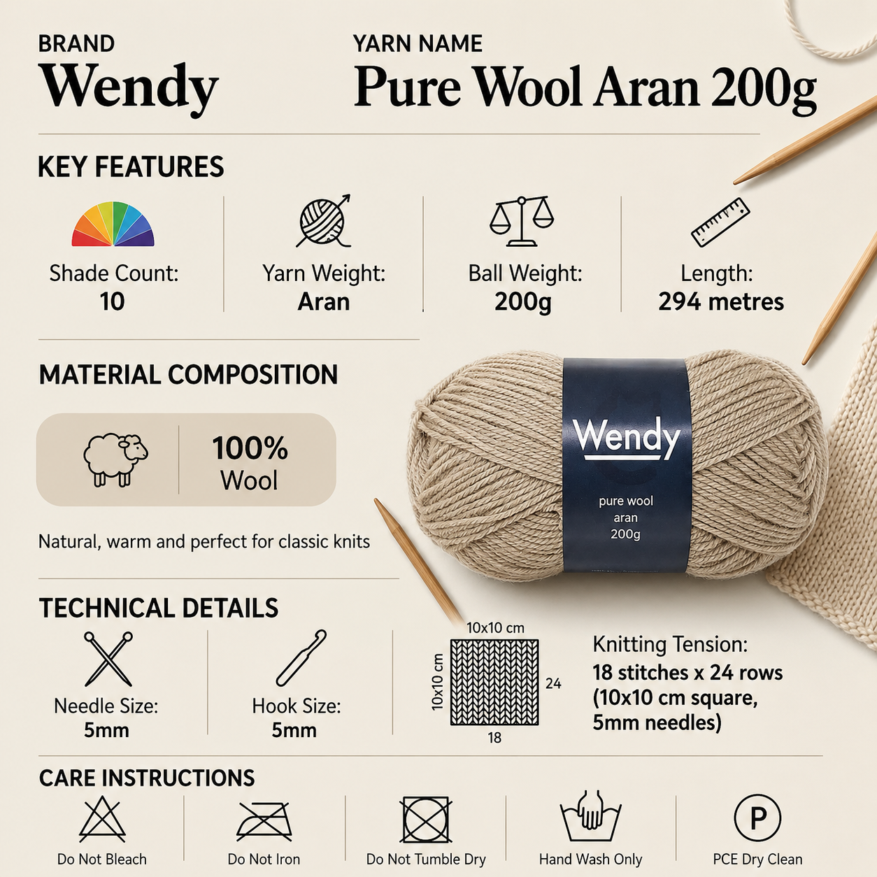 Wendy Pure Wool Aran Crochet Yarn - 200g, Luxury 100% Pure Wool Worsted Weight Rustic Texture Hand Knitting Wool Hand wash only for Cardigans, Jumpers & Hats