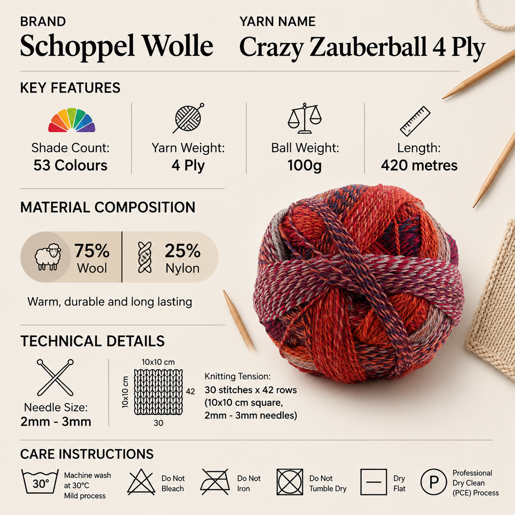 Schoppel Wolle Crazy Zauberball 4 Ply Yarn - 100g, Wool & Nylon Blend Self-Striping Gradient Knitting Wool for Crochet Socks, Shawls & Accessories