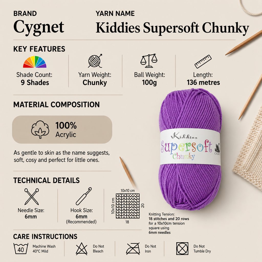 Cygnet Kiddies Supersoft Chunky Yarn - 100g, 100% Acrylic Crochet Knitting Baby Yarn for Blankets, Garments & Accessories