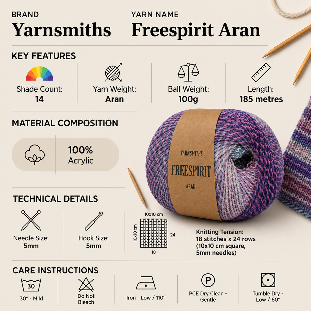 Yarnsmiths Freespirit Aran Crochet Yarn - 100g, 100% Acrylic Soft Self-Striping Variegated Knitting Wool Yarn for Cozy Garments and Accessories