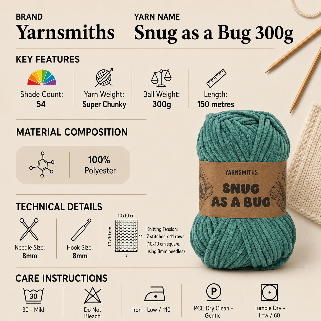 Yarnsmiths Snug as a Bug Super Chunky Yarn - 300g, 100% Polyester Chenille Soft Jumbo Knitting Crochet Yarn for Plush Blanket, Amigurumi & Cardigans