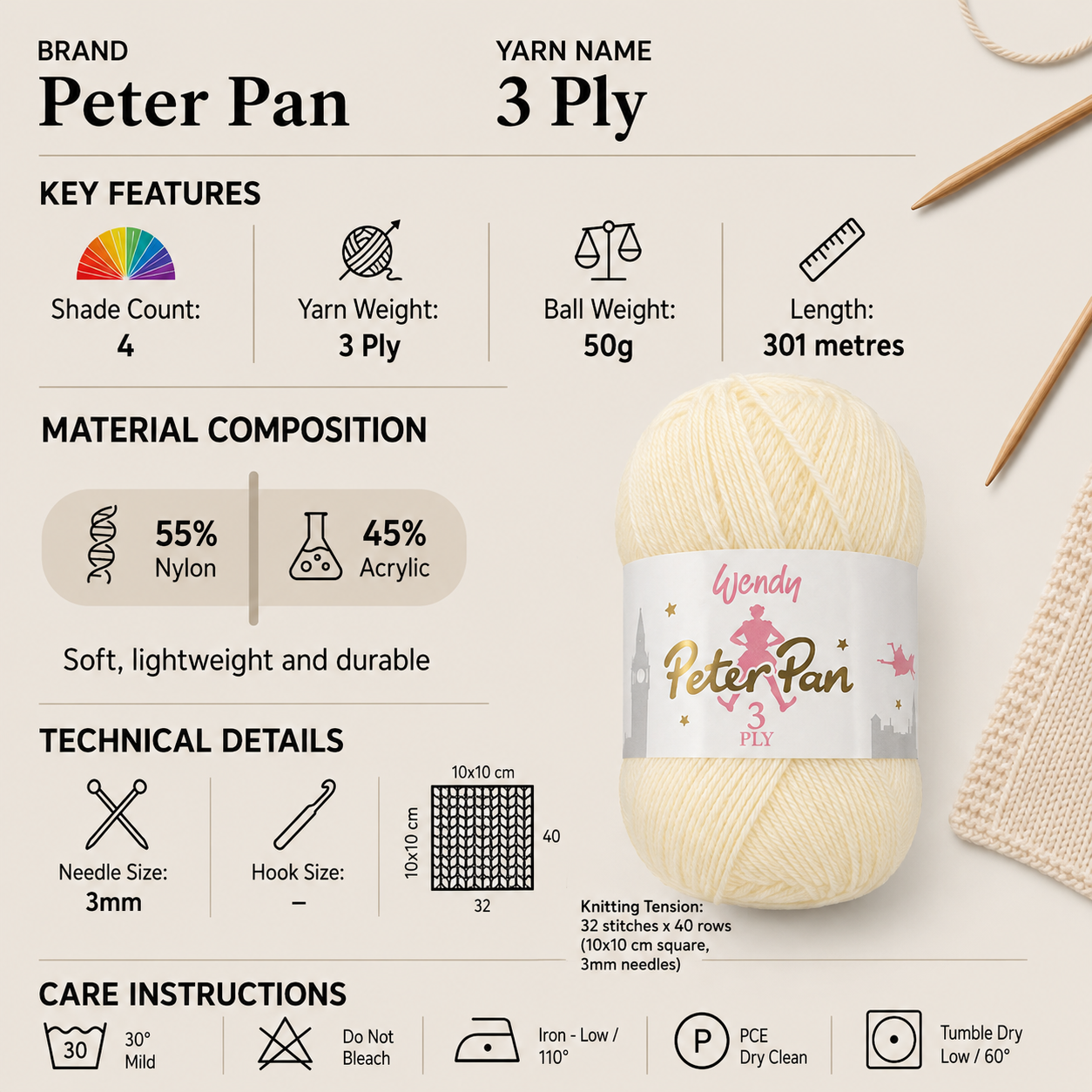 Peter Pan 3 Ply Crochet Yarn - 50g, Nylon & Acrylic Blend Lightweight Fine Baby Knitting Wool for Baby Garments, Blankets, Shawls & Accessories