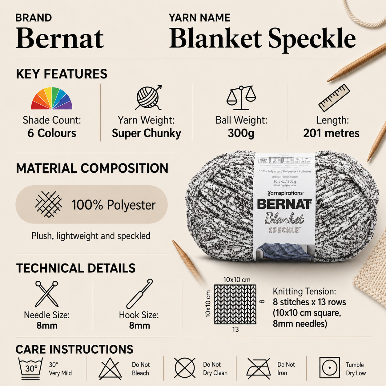 Bernat Blanket Speckle Super Chunky Yarn - 300G, Luxury 100% Polyester Soft Chenille Confetti Speckled Knitting Wool for Crochet Blankets, Cushions & Home Decor