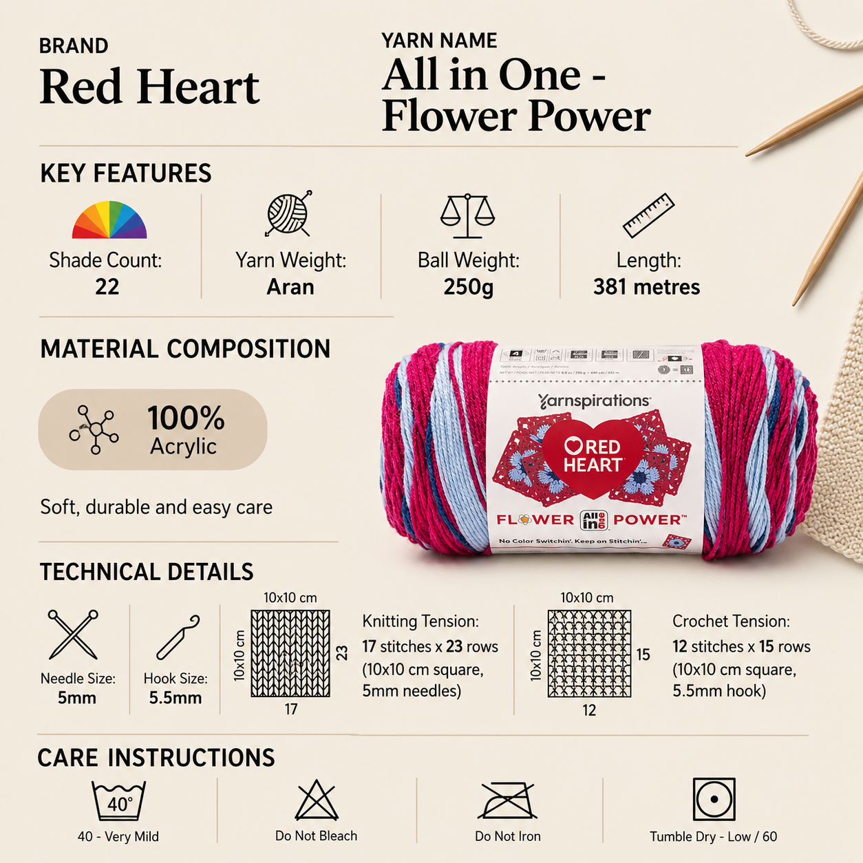 Red Heart All in One - Flower Power Yarn - 250g, 100% Acrylic Self-Patterning Crochet & Knitting Yarn for Beginner Mandalas, Blankets & Accessories