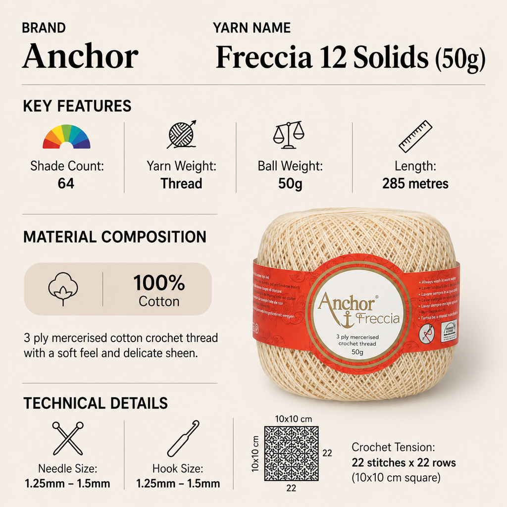 Anchor Freccia 12 Solids Crochet Thread Yarn - 50g, 100% Mercerised Cotton Crochet & Knitting Fine Lace Thread Yarn for Home Décor, Accessories & Baby Garments