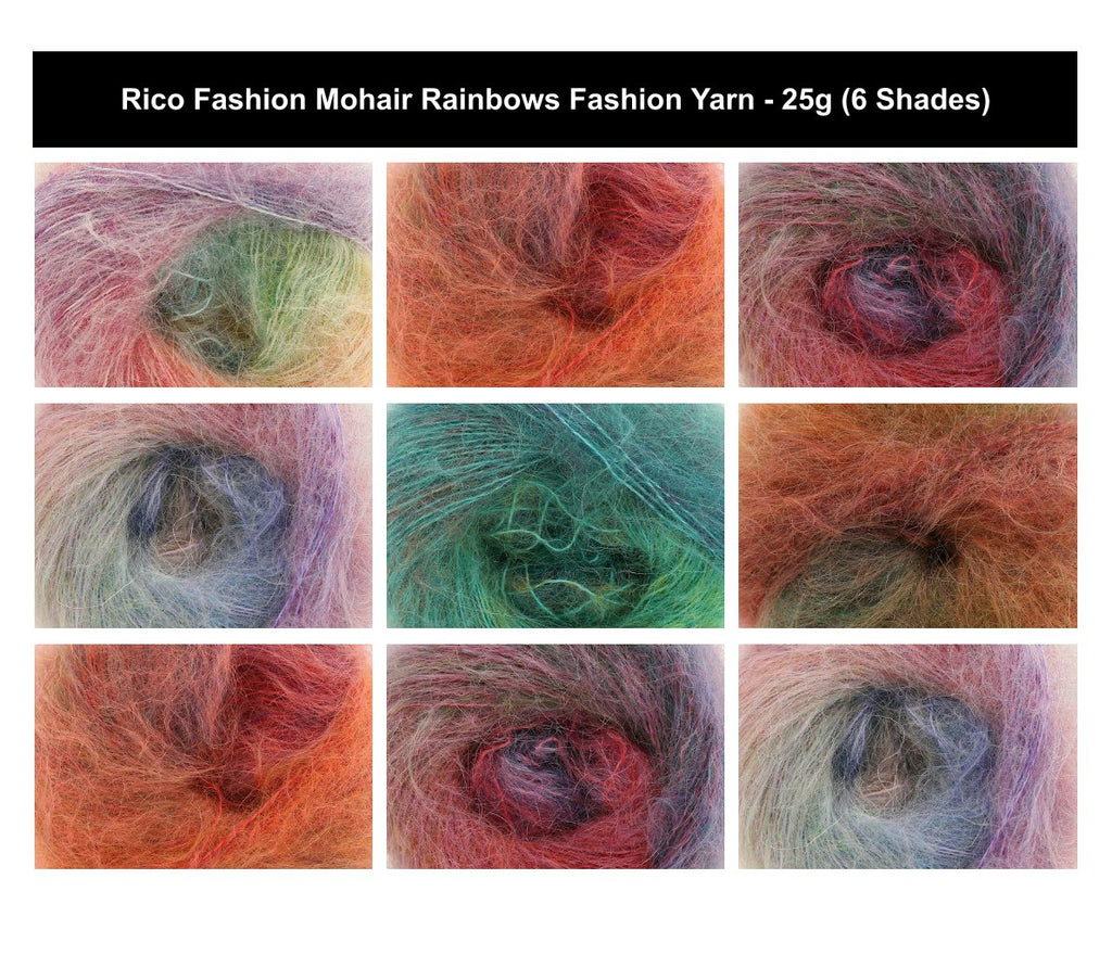 Rico Fashion Mohair Rainbows Crochet Yarn - 25G, Luxury Mohair Polyester Wool Blend Fashion Weight Self Striping Fluffy Knitting Wool Yarn for Scarves, Shawls & Shawls