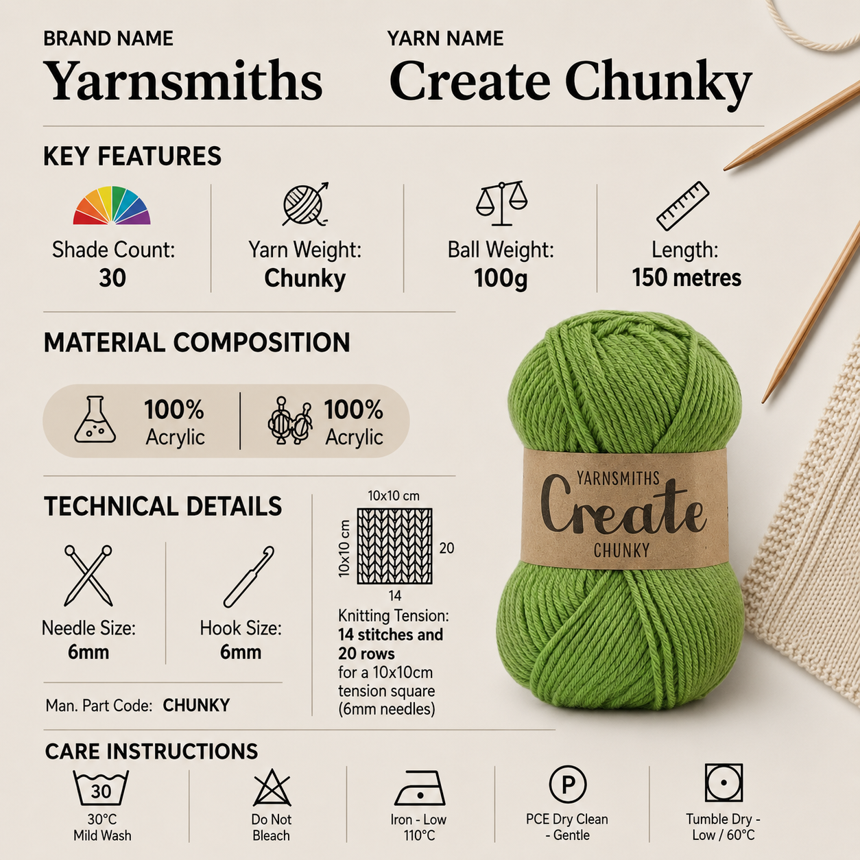 Yarnsmiths Create Chunky Yarn - 100g, 100% Acrylic Thick Soft Vibrant Crochet & Knitting Wool for Jumpers & Winter Garments