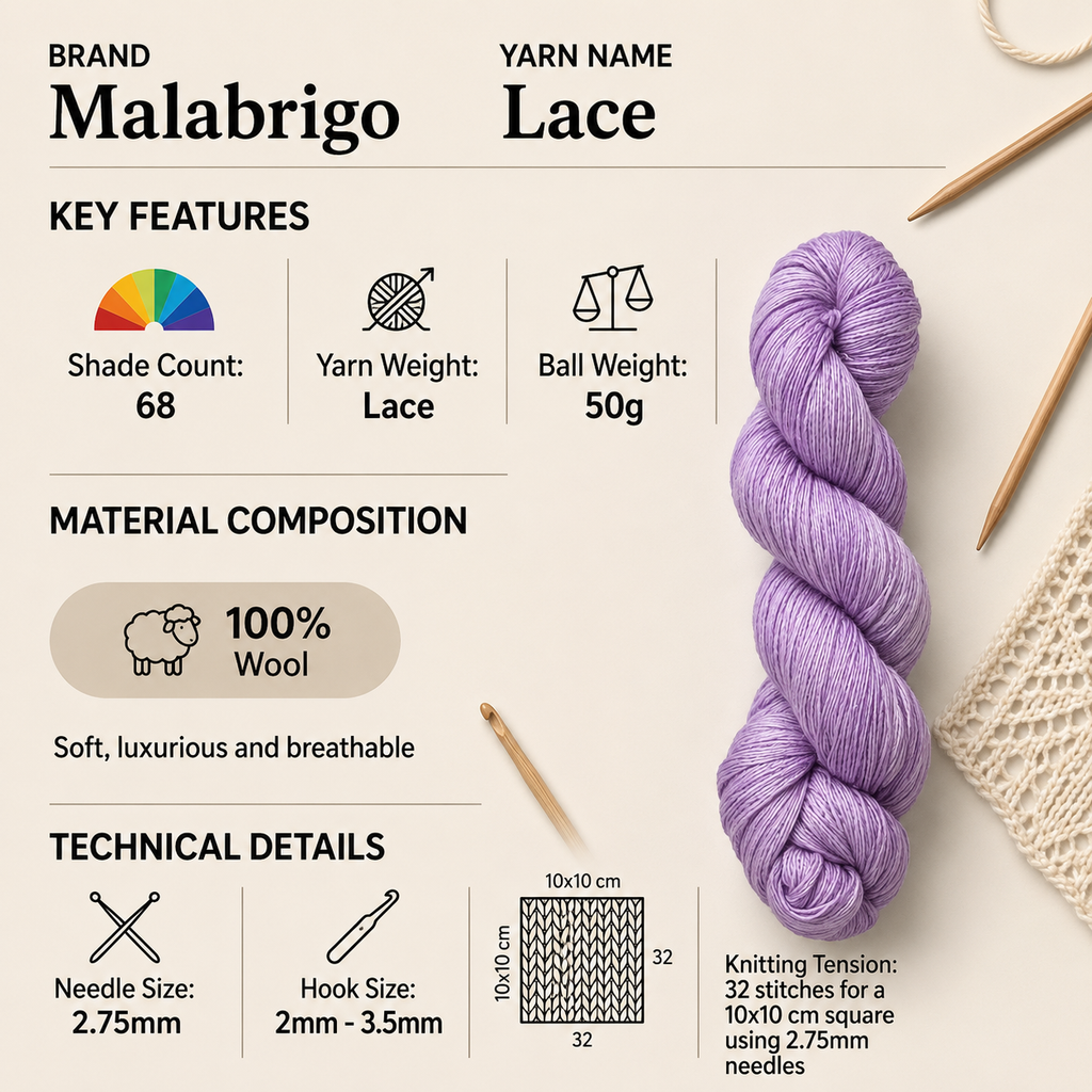 Malabrigo Lace Wool Yarn for Crochet - 50g, 100% Merino Wool Hand Kettle Dyed Variegated Knitting Yarn for Shawls, Scarves, Wraps & Lightweight Garments