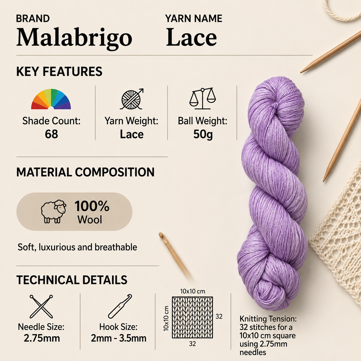 Malabrigo Lace Wool Yarn for Crochet - 50g, 100% Merino Wool Hand Kettle Dyed Variegated Knitting Yarn for Shawls, Scarves, Wraps & Lightweight Garments