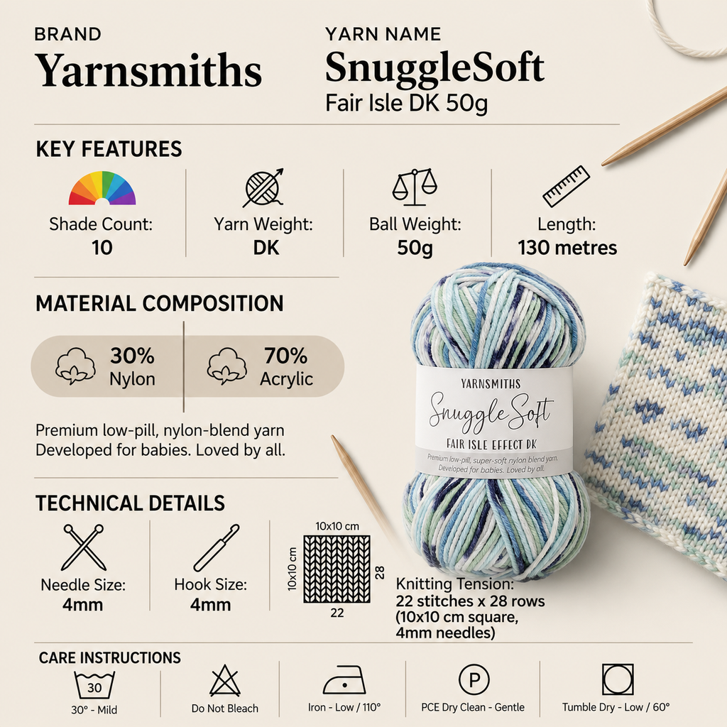Yarnsmiths SnuggleSoft Fair Isle DK Yarn - 50g, Acrylic Nylon Mix Low-Pill Fair Isle Effect Multi-Color Double Knitting Crochet Yarn for Baby Garments & Accessories