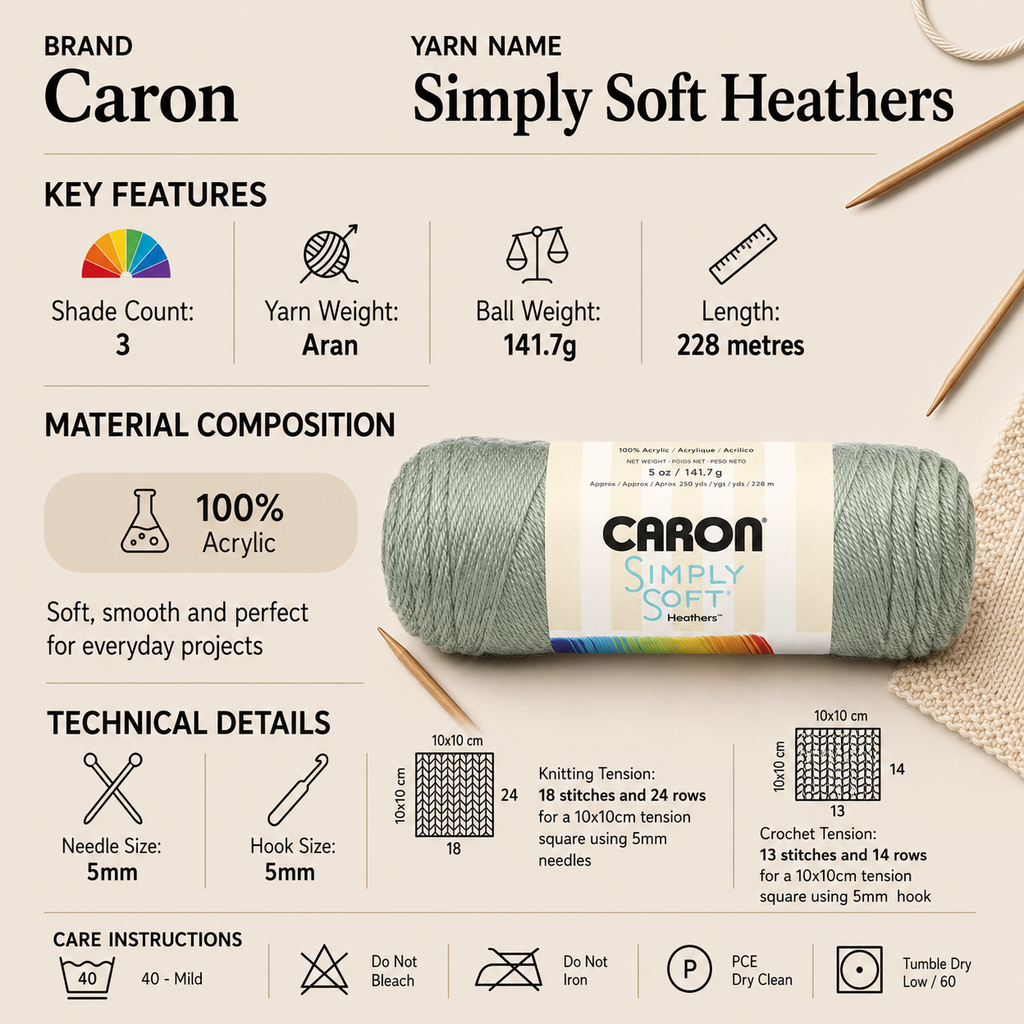 Caron Simply Soft Heathers Aran Yarn - 141g, Soft 100% Acrylic Marled Effect Knitting & Crochetn Yarn for Modern Garments and Accessories