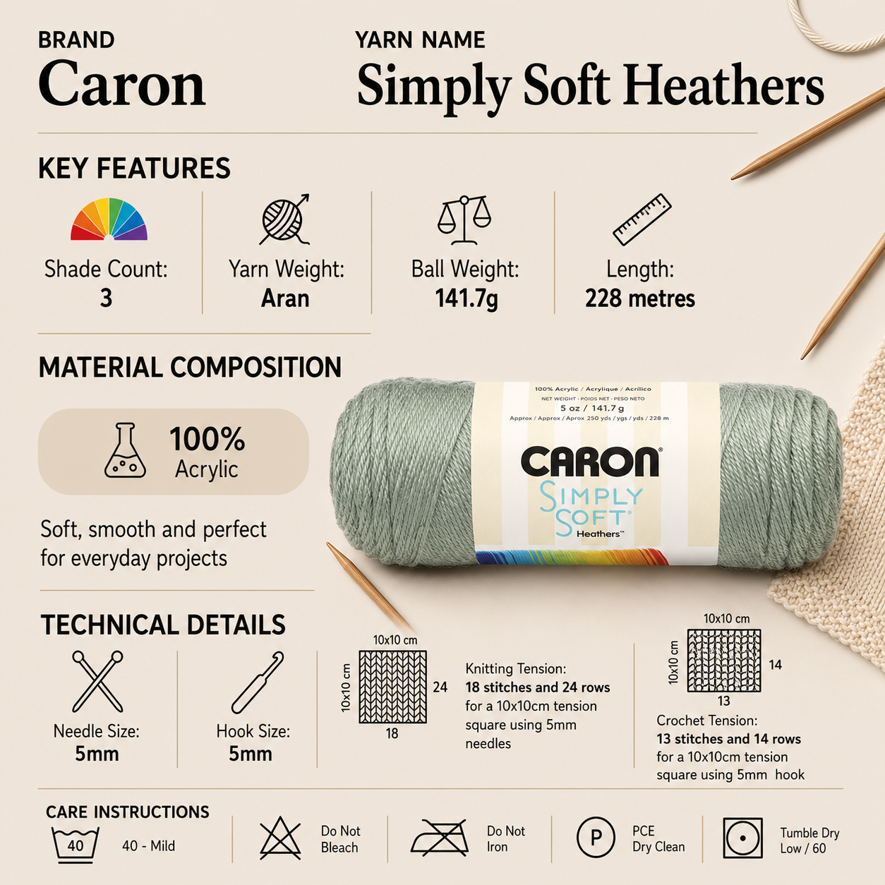 Caron Simply Soft Heathers Aran Yarn - 141g, Soft 100% Acrylic Marled Effect Knitting & Crochetn Yarn for Modern Garments and Accessories