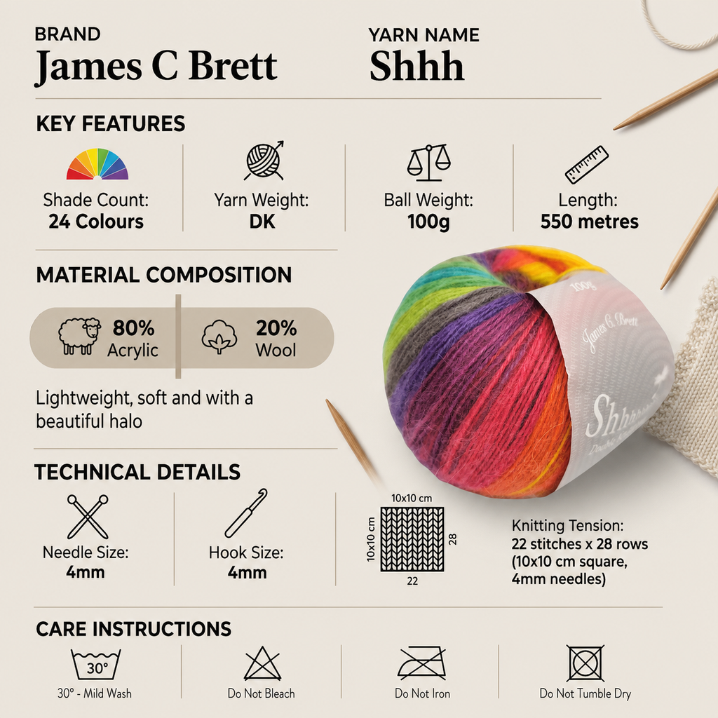 James C Brett Shhh DK Crochet Yarn - 100g, Soft Wool Acrylic Blend Double Knitting Lightweight Wool Yarn for Cardigans, Jumpers, Sweaters & Shawls