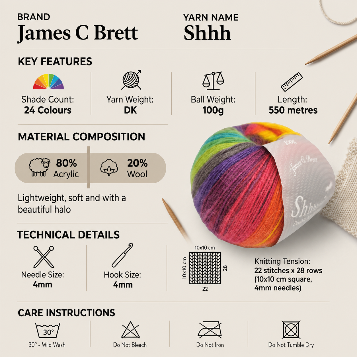James C Brett Shhh DK Crochet Yarn - 100g, Soft Wool Acrylic Blend Double Knitting Lightweight Wool Yarn for Cardigans, Jumpers, Sweaters & Shawls