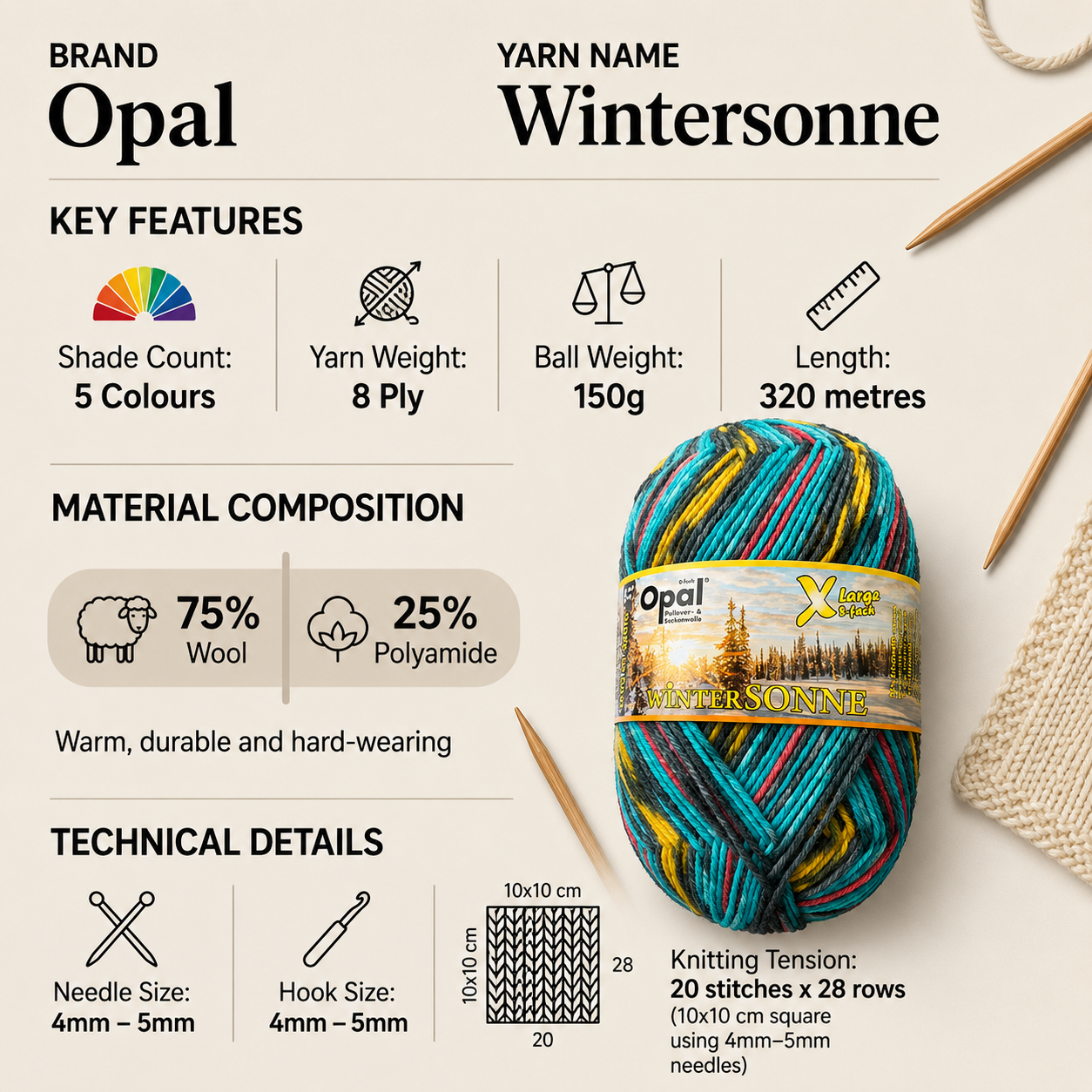 Opal Wintersonne DK 8 Ply Yarn - 150g, Wool Blend Self-Patterning Crochet & Double Knitting Wool Yarn for Colourful Thick Socks, Sweaters & Scarves