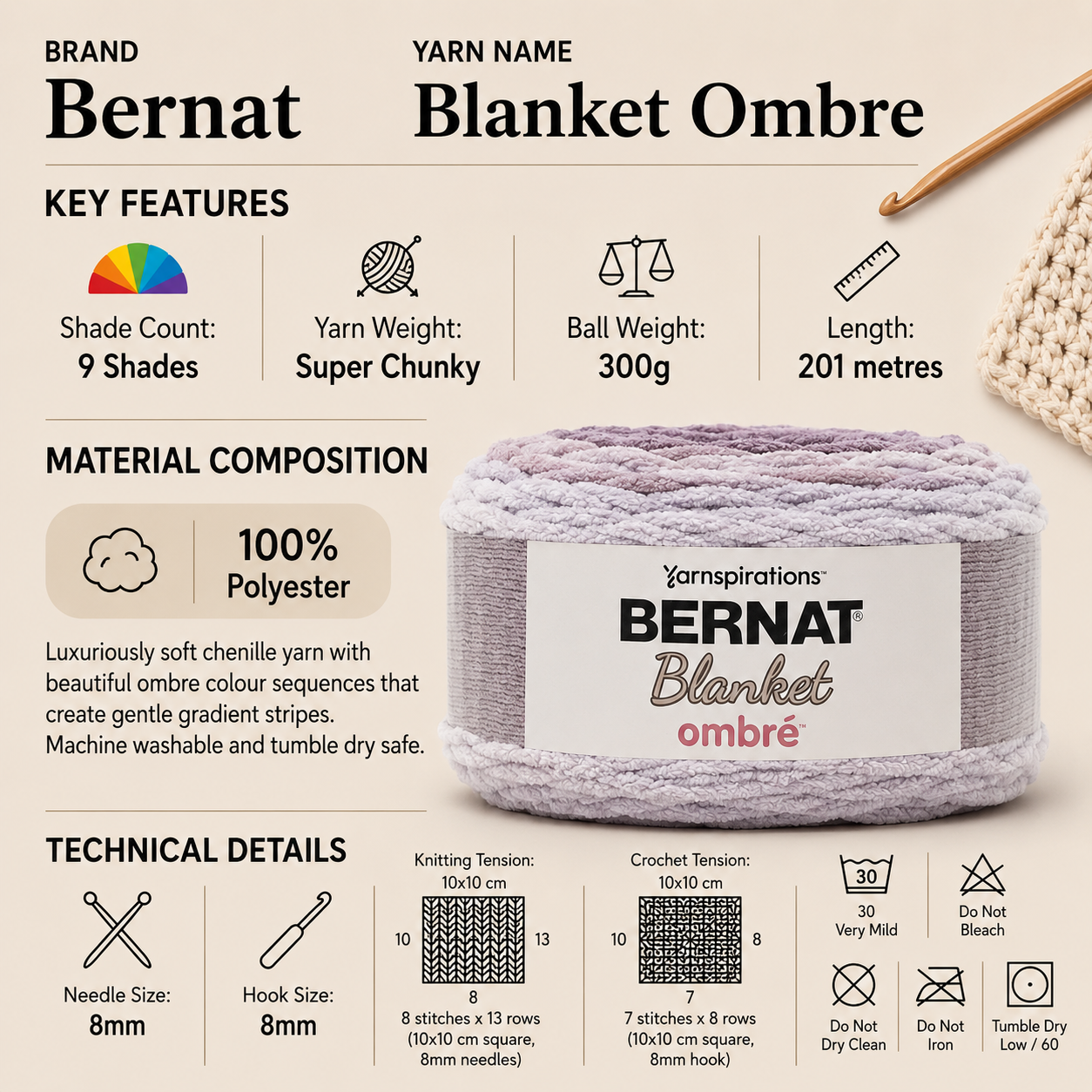 Bernat Blanket Patchwork Super Chunky Yarn - 300G, 100% Polyester Self-Striping Chenille Soft Fluffy Knitting Cake Yarn for Crochet Blankets, Throws & Cushions