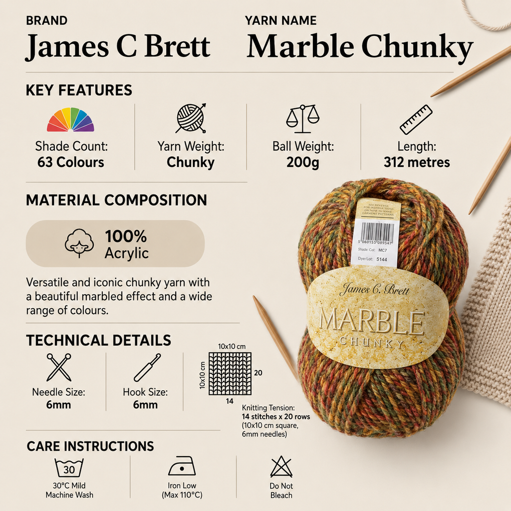 James C Brett Marble Chunky Yarn - 200g, 100% Acrylic Contrast Colour Bright & Earthy Shades Crochet & Knitting Wool for Sweaters, Cardigans, Blankets & Cushions