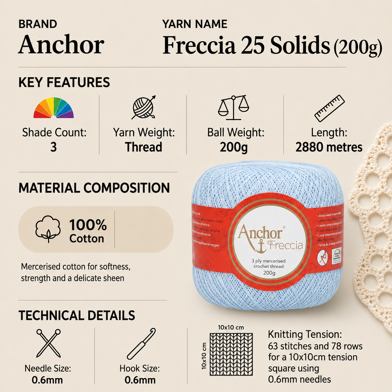 Anchor Freccia 25 Solids Crochet Thread Yarn - 200g, 100% Mercerised Cotton Fine Lace Weight Yarn for Knitting, Home Décor & Baby Garments